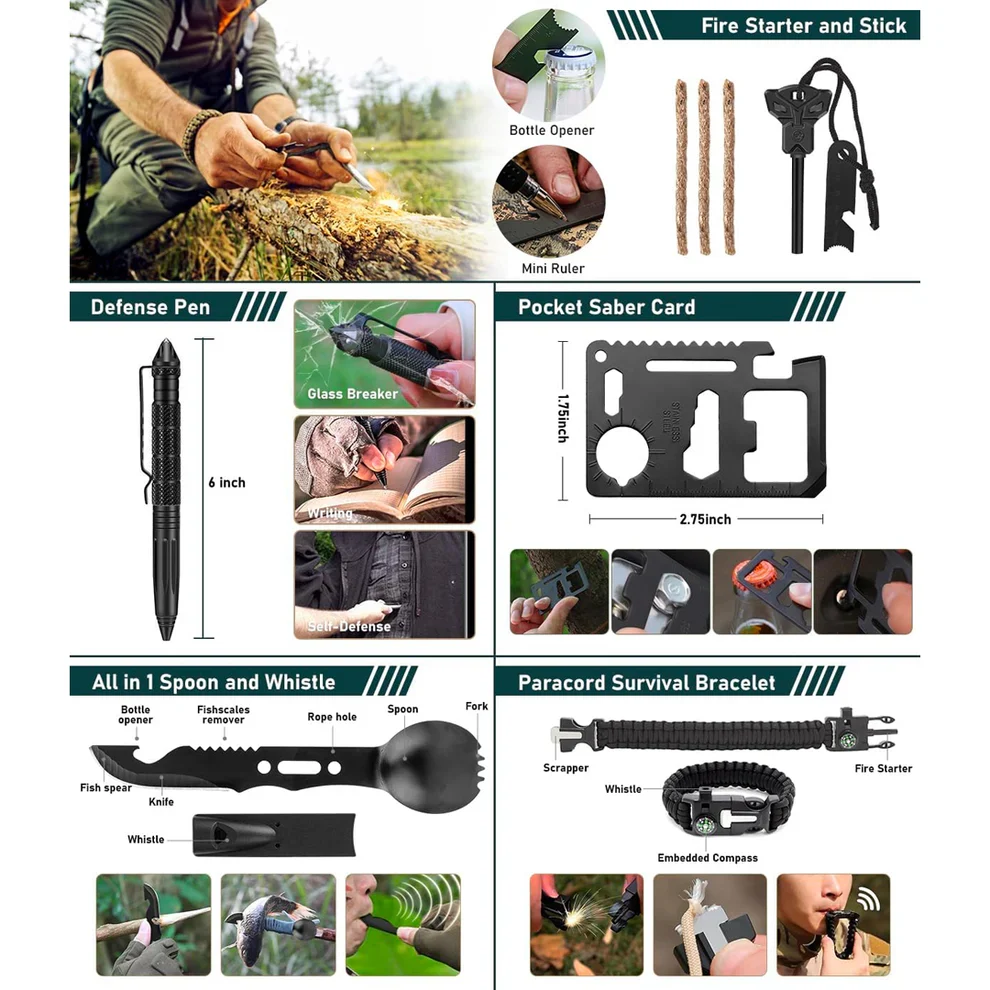 Fire starter, defense pen, pocket saber card, spork and paracord bracelet