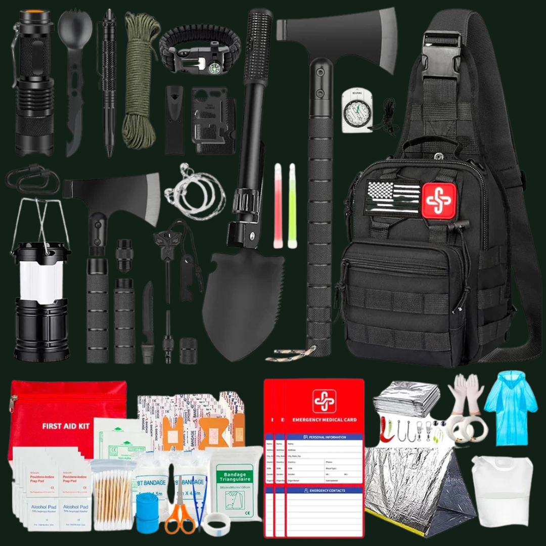 The complete 262-piece Emergency 72-Hour Axe Kit laid out