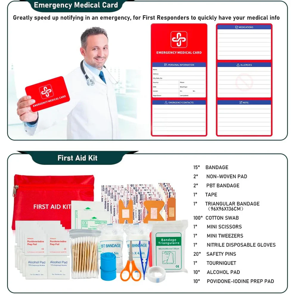 Emergency medical card and first aid kit contents included in the kit