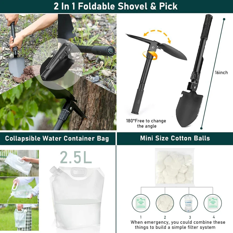 2-in-1 foldable shovel and pick plus 2.5L collapsible water container