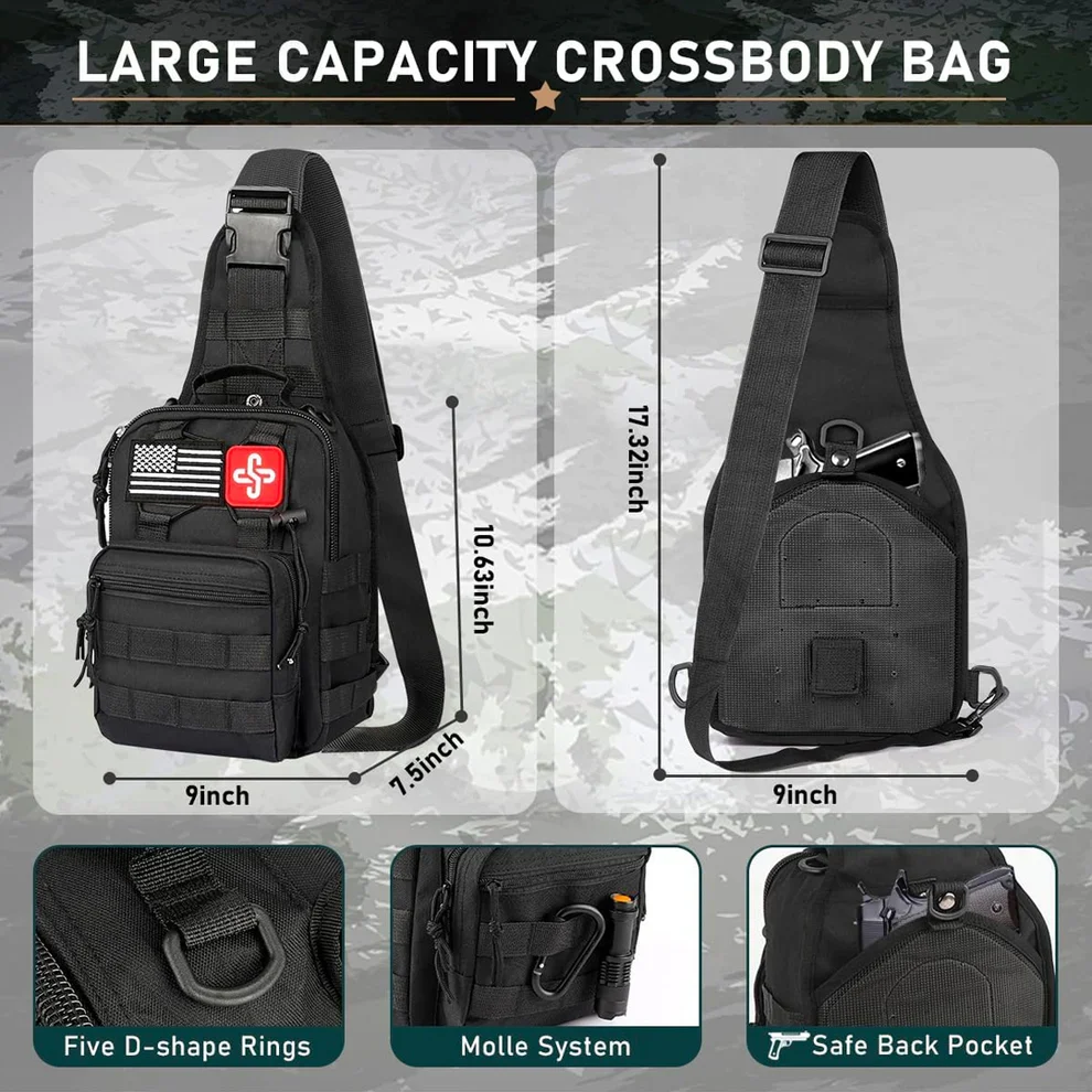 Tactical MOLLE crossbody sling bag with dimensions and pocket details